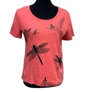 Hand Printed Upcycled Womens Large Dragonfly Short Sleeve Crew Neck Tee